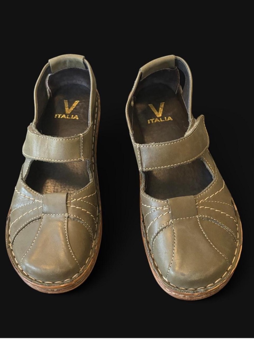 V-Italia Diora Rich Olive Leather Mary Jane Flats Hippie Boho Indie Cottagecore